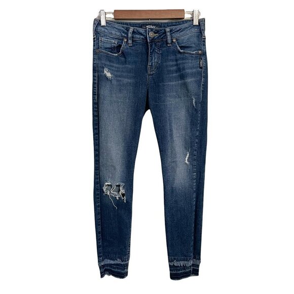 Silver Company Womens Distressed Dark Wash Aiko Skinny Raw Hem Jeans Size 26 26 - Picture 2 of 11